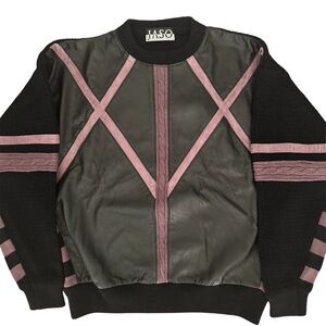 Vintage JASO Leather Panel Crewneck Sweater Men’s M Wool Blend Black Purple